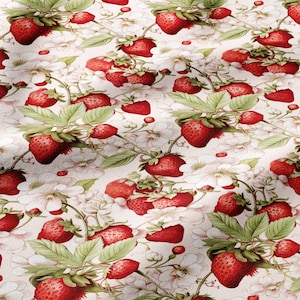 May include: A fabric pattern featuring a repeating design of bright red strawberries, green leaves, and white five-petaled flowers. The strawberries are depicted in various stages of ripeness, scattered across a light, off-white background.