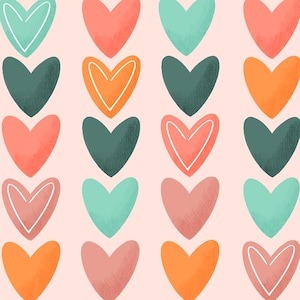 May include: A repeating pattern of hearts in various colors, including orange, pink, teal, and green. The hearts are arranged in rows, with each row alternating colors.