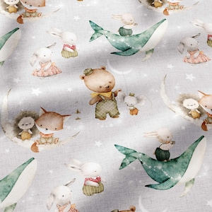 May include: A light gray fabric featuring a repeating pattern of watercolor-style illustrations including brown bears in green overalls, white rabbits in red or green outfits, green whales, and hedgehogs, all accented with small white stars.
