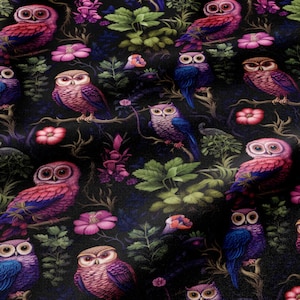 May include: A fabric pattern featuring a repeating design of owls in shades of pink, purple, and blue perched on branches. The owls are surrounded by green foliage and vibrant pink flowers set against a solid black background.