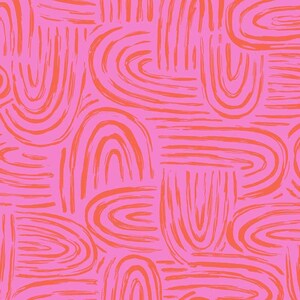 May include: Abstract pattern with pink background and orange brushstrokes in a repeating pattern of curved lines and circles.