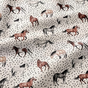 Cream Horse Printed Softshell Fabric by the Yard for Kids Jackets, Rain Pants, Stroller Footmuffs, Baby Rainwear and Outdoor Gear