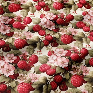 May include: A repeating pattern of vibrant red raspberries and delicate pale pink flowers with green leaves on a cream background. The design features clusters of ripe berries interspersed with five-petaled blossoms and detailed foliage throughout.
