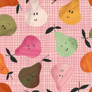 May include: A seamless pattern featuring various colored pears with smiling faces on a pink background with a grid pattern.