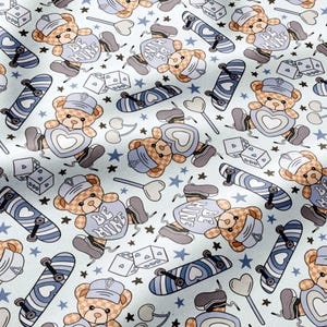 May include: A light blue fabric featuring a repeating pattern of brown teddy bears wearing caps and holding heart-shaped signs that read BE MINE. The design includes blue skateboards, white dice with heart pips, lollipops, and small stars.
