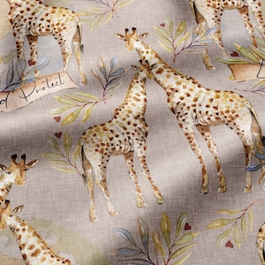 May include: A fabric featuring a repeating pattern of giraffes in shades of brown and tan, interspersed with green and yellow watercolor leaves and small red hearts. A tan banner with the text "Protect" is visible near one of the giraffes.