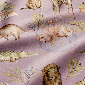 May include: A fabric print featuring watercolor illustrations of a lion, giraffe, flamingo, dinosaur, and crocodile on a dusty mauve background. The pattern includes green leafy branches and a banner with the handwritten text child.