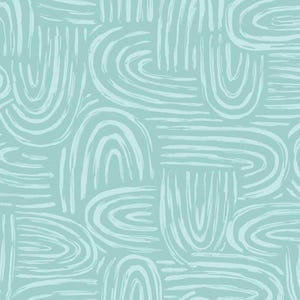 May include: Seafoam green background with a white abstract pattern of overlapping curved lines and stripes.
