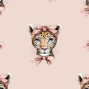 Puede incluir: Un patrón sin costuras que presenta un lindo leopardo con lazos rosas de lunares sobre un fondo rosa claro.