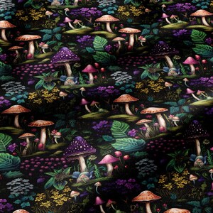 May include: A fabric pattern featuring a dense forest floor scene on a black background. The design includes various mushrooms in shades of tan, brown, and purple, interspersed with green foliage, small yellow flowers, and clusters of tiny purple blossoms.