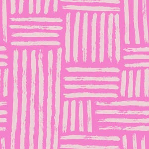 May include: A seamless pattern with white brushstrokes on a pink background. The brushstrokes are arranged in a grid pattern, creating a geometric design.
