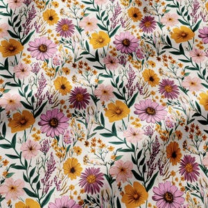 May include: A fabric featuring a repeating floral pattern on a white background. The design includes pink, purple, and yellow daisies and wildflowers with green stems and leaves, creating a dense botanical print across the entire surface.