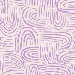 May include: Abstract seamless pattern with a light beige background and purple brushstrokes forming curved lines and arches.