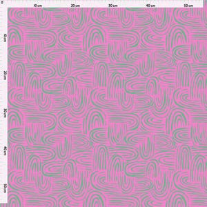 May include: Pink fabric with a repeating pattern of green, curved lines. The lines are arranged in a grid-like fashion, creating a textured, abstract design. The fabric is suitable for various craft projects.