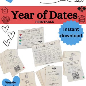 May include: A printable set of 56 date ideas for couples, with a title "Year of Dates" and a subtitle "Printable". The cards are beige with black text and red hearts. The cards are arranged in a stack with a few cards fanned out. The cards include ideas like "Take a Date!" and "Work Together to Conquer an Escape Room".
