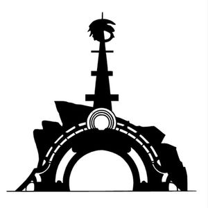 Puede incluir: Silueta negra de una estructura arquitectónica estilizada. El diseño presenta una alta torre central con una parte superior puntiaguda, conectada a una base curva con un elemento circular. La forma general recuerda un paisaje urbano futurista.