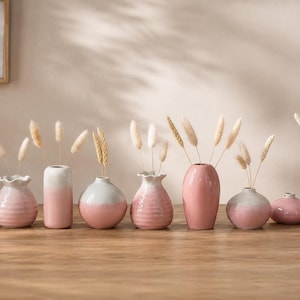 May include: A collection of nine small ceramic vases in various shades of pink and white, each containing dried beige grass stems. The vases feature different shapes, including round, cylindrical, and ruffled-rim designs, arranged in a horizontal row.