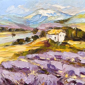 Pintura al óleo original de campo de lavanda 3,94 x 3,94, arte mural de paisaje montañoso francés, pintura pequeña de campo provenzal, arte empaste