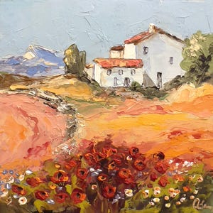 Verão na Provença pintura a óleo original 3,94x3,94 Arte de paisagem francesa Campo de papoulas impasto pequena arte de parede Impressionismo contemporâneo