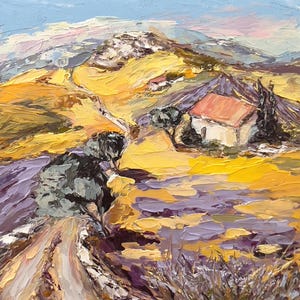 Camino en campo de lavanda arte original 3.94x3.94 pintura al óleo de paisaje provenzal empastado arte de pared pequeño de la campiña francesa obra de arte de granja