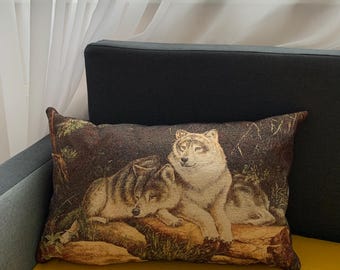 Wolves Tapestry Cushion Cover – Gobelin Pillow – Rustic Woodland Home Decor – Animal Design – 60*40 cm