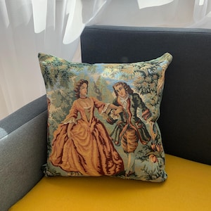 Vintage Tapestry Pillow Cover “The Rendezvous” – 45×45 cm Decorative Cushion Case, Baroque Rococo Style
