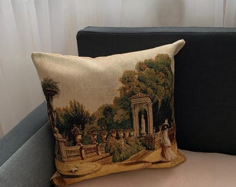 Funda de almohada tapizada «Dama con perrito» – Cojín de gobelino vintage – Decoración clásica elegante – 50 x 48 cm