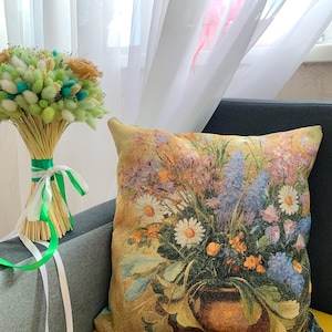 Örngott med vintageblommigt tapet - 18*18 - Vildblomma Bouguet i kruka - Kuddfodral - Grön baksida