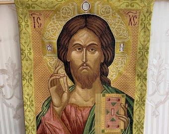 Orthodox Christian Wall Tapestry – Icon of Christ Pantocrator – Gold Embroidered Art”