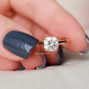 Forever One Cushion Cut Solitaire Engagement Ring, 10K/14K/18K Rose Gold Moissanite Ring, Cushion Solitaire Ring, Gift for Girlfriend