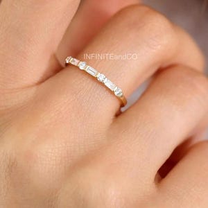 14K Solid Gold Half Eternity Band with Round and Baguette Cut Moissanite – Stackable Wedding Ring, Anniversary Gift for Women, Dainty Ring