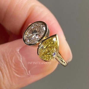 Toi Et Moi Engagement Ring, Oval & Canary Yellow Pear Cut Diamond Engagement Ring, Bezel Set Wedding Ring, Two-Stone 14K Yellow Gold Ring