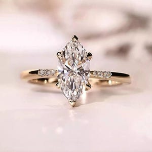 Elegant Marquise Diamond Engagement Ring in 14K Gold - Unique Vintage Solitaire Design with Side Diamonds