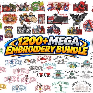 Op de afbeelding: Een digitale collectie van 1200+ borduurontwerpen met diverse anime-personages, superhelden en gestileerde logo's. De afbeelding bevat de tekst 1200+ MEGA EMBROIDERY BUNDLE, naast talloze op merken geïnspireerde logo's, stadsthema reisemblemen en illustraties van stripfiguren in een breed scala aan kleuren.