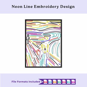 Könnte beinhalten: Neon-Linien-Stickdesign, das Edvard Munchs "Der Schrei" in farbenfrohen, abstrakten Linien darstellt. Der Text "Neon Line Embroidery Design" befindet sich oben im Bild. Das Design ist in Schwarz gerahmt.