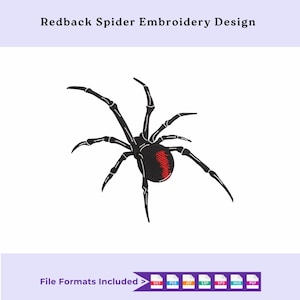 May include: Black spider embroidery design with a red back, featuring the text "Redback Spider Embroidery Design." The image also includes a list of file formats: DST, PES, JEF, EXP, VP3, HUS, and PDF.