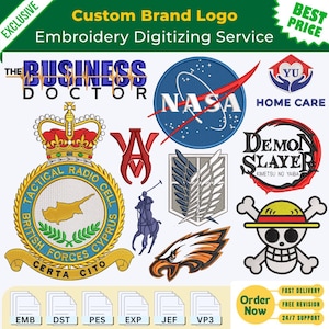 Pode incluir: Uma imagem mostrando vários logotipos bordados, incluindo o logotipo da NASA e um emblema das Forças Britânicas do Chipre. O texto "Custom Brand Logo Embroidery Digitizing Service" é visível, juntamente com ícones de tipo de arquivo.
