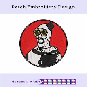 May include: Embroidered patch design showing a clown with sunflower glasses, set against a red circle. The clown is in black and white, with a small black hat. The text "Patch Embroidery Design" is at the top.