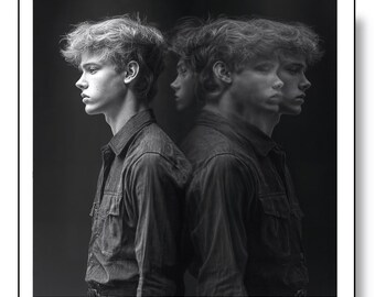 May include: A black and white portrait of a person with their face partially obscured by a ghostly image of themselves. The person is wearing a dark denim shirt.