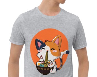 RAMEN CAT Unisex T-Shirt - cat eating bowl of ramen tee, ramen noodles gift, ramen lover shirt, asian food lover, college gift