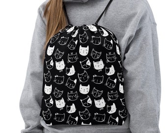 Cat heads drawstring bag - Hipster black & white kitty cats small backpack