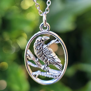 Raven Necklace - Gothic & Witchy Crow Pendant - Oval Bird on Branch Pendant with Stainless Steel Chain - Bird Lover Gifts