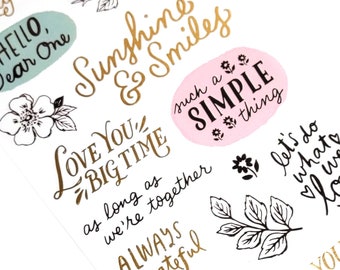 Gold Foil Stickers for cardmaking and scrapbooking-flowers, love you, you are beautiful, sunshine & smiles, hello dear one, do what you love