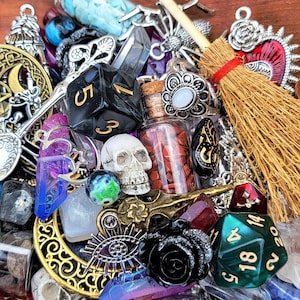 WITCHY MYSTERY SCOOP-Romantic Goth, Crowcore Grab Bag-Trinkets, Beads, Charms, Chip Jars, Tumbled Stones, Pendants -Party Favors, Gift Idea