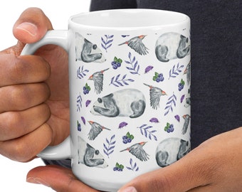 Watercolor panda bears, birds and purple flowers 15oz coffee mug - painted forest animal bffs and florals tea mug