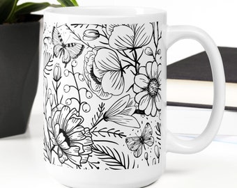 Butterfly and floral 15oz coffee mug - monochrome Hand drawn  butterflies & flowers botanical pattern coffee cup