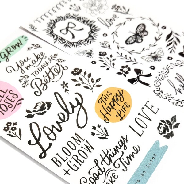 BLOOM & GROW Sticker set- for cards, scrapbooking, journals, planners-garden phrases, roses, flowers, bows, butterfly, bee, you are so loved