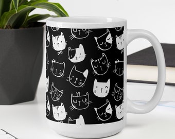 Hipster cats 15oz coffee mug - black & white kitty cat tea mug