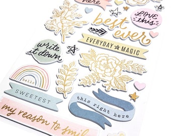 JUMBO gold foil sticker sheet - Love Lives Here -for cards, scrapbooking, art projects - florals, rainbows, stars, hearts, rainbows, phrases