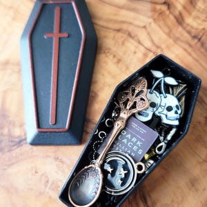 Gothic & Witchy Charm Confetti in Miniature Coffin Box - Mystery Scoop - Trinkets, Pendants, Skeleton Keys - party favors, goth gift idea
